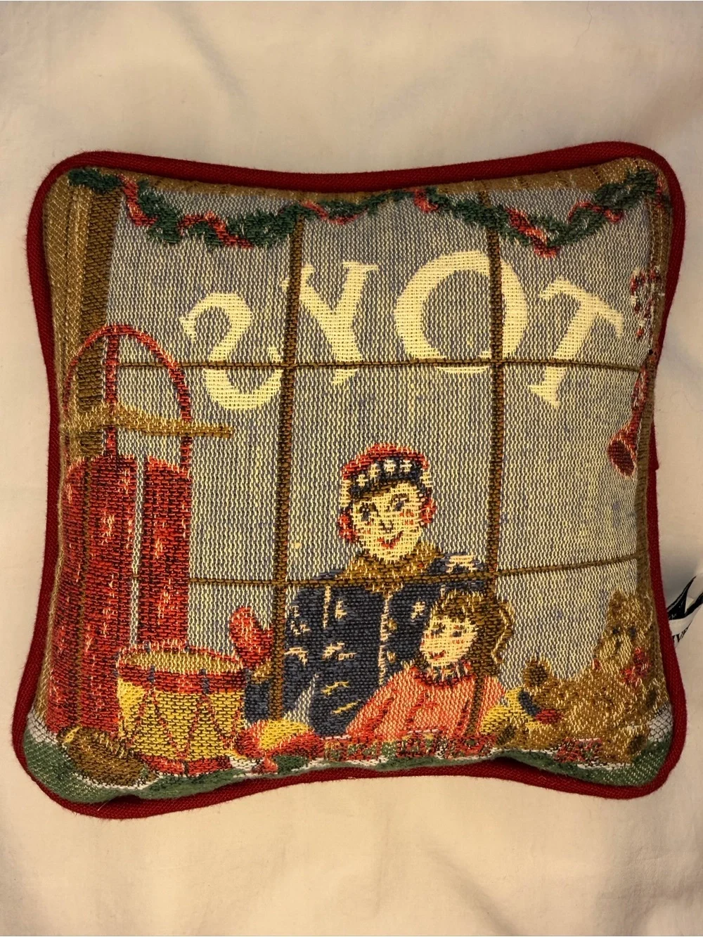 Holiday Tapestry Pillow with Red Trim - Festive Window Scene
